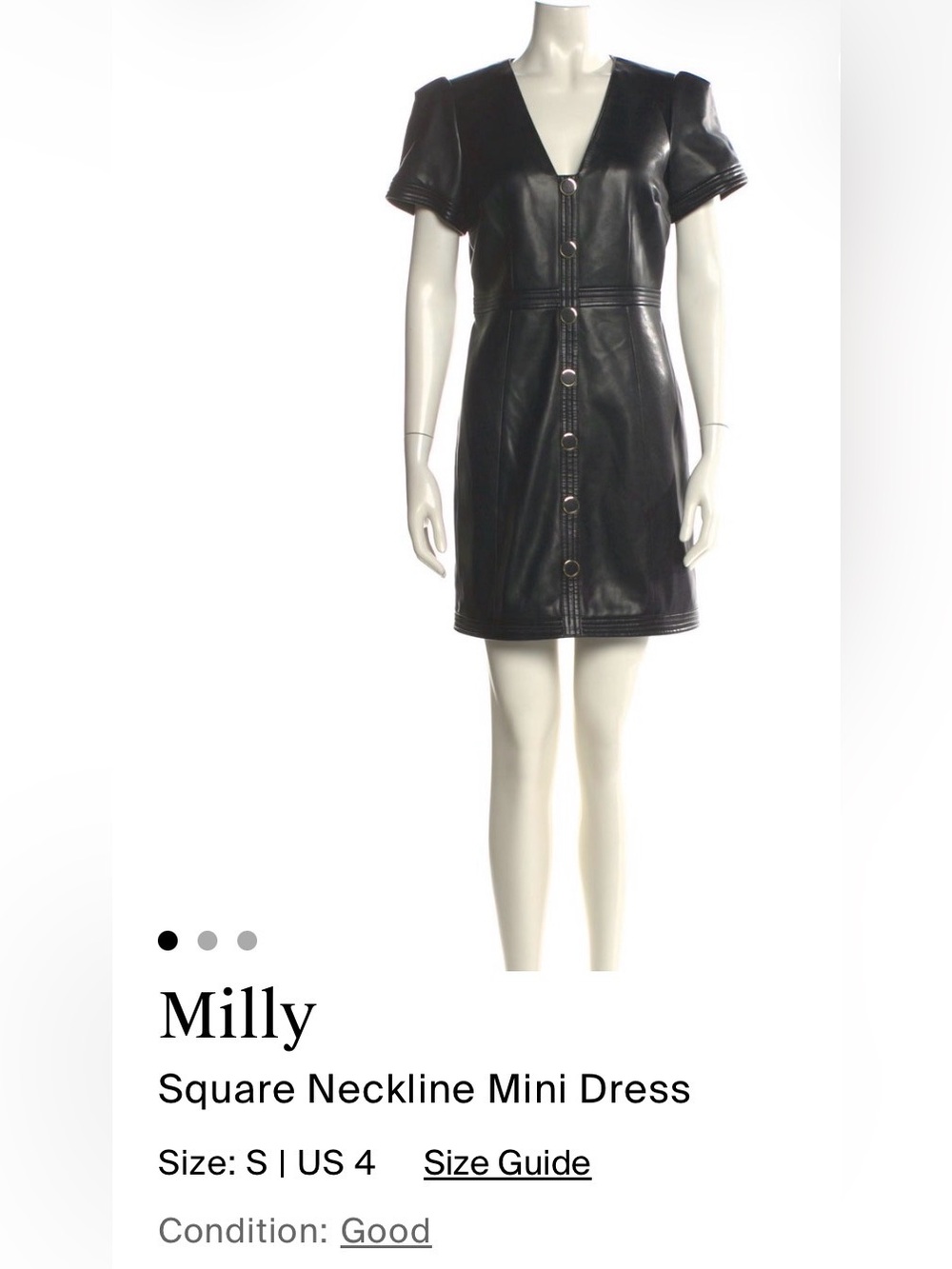 Milly Black Faux Leather Mini Dress with Button Front